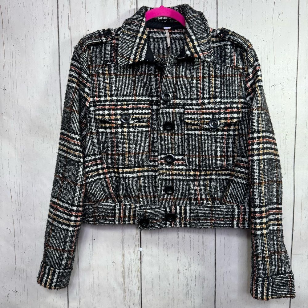 Free People Eisenhower Slouchy Plaid Tweed Cropped Jacket Black Cozy Layering XS